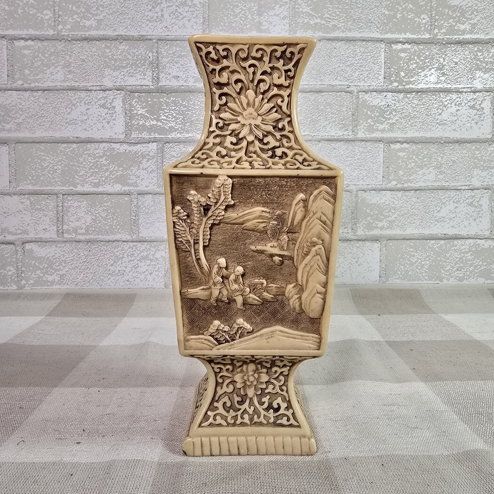 Vintage Engraved Carved Floral Design China White Cinnabar Resin Vase Signed